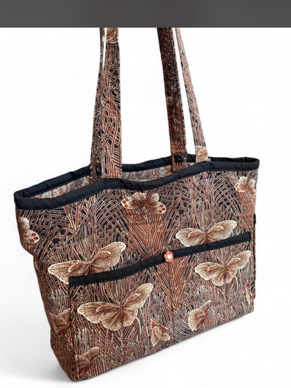 Butterfly Print Quilted Tote Bag in Brown